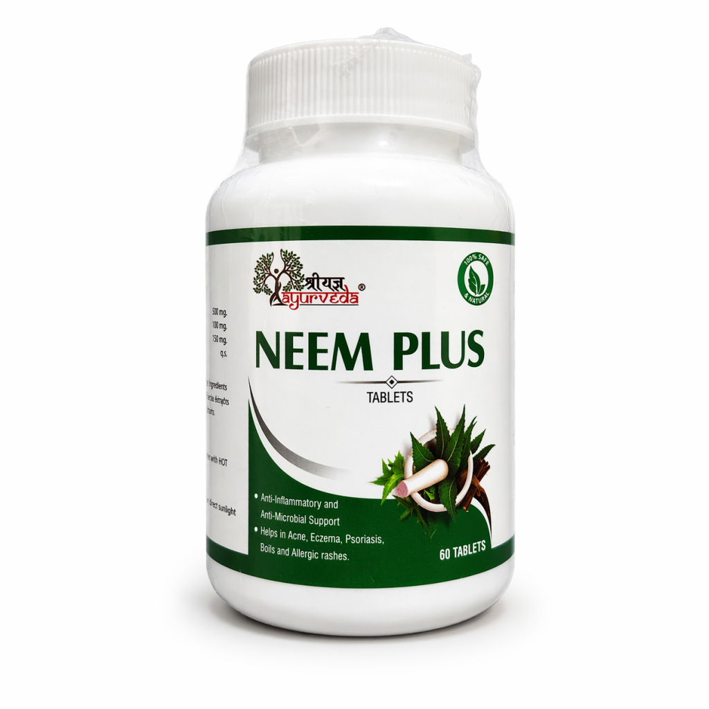 Neem Plus Tablets by Shriygay Ayurveda | Blood Purifier | For Acne, Pimples, Skin Allergies & Detox | Neem, Giloy, Kadhira | 60 Tablets