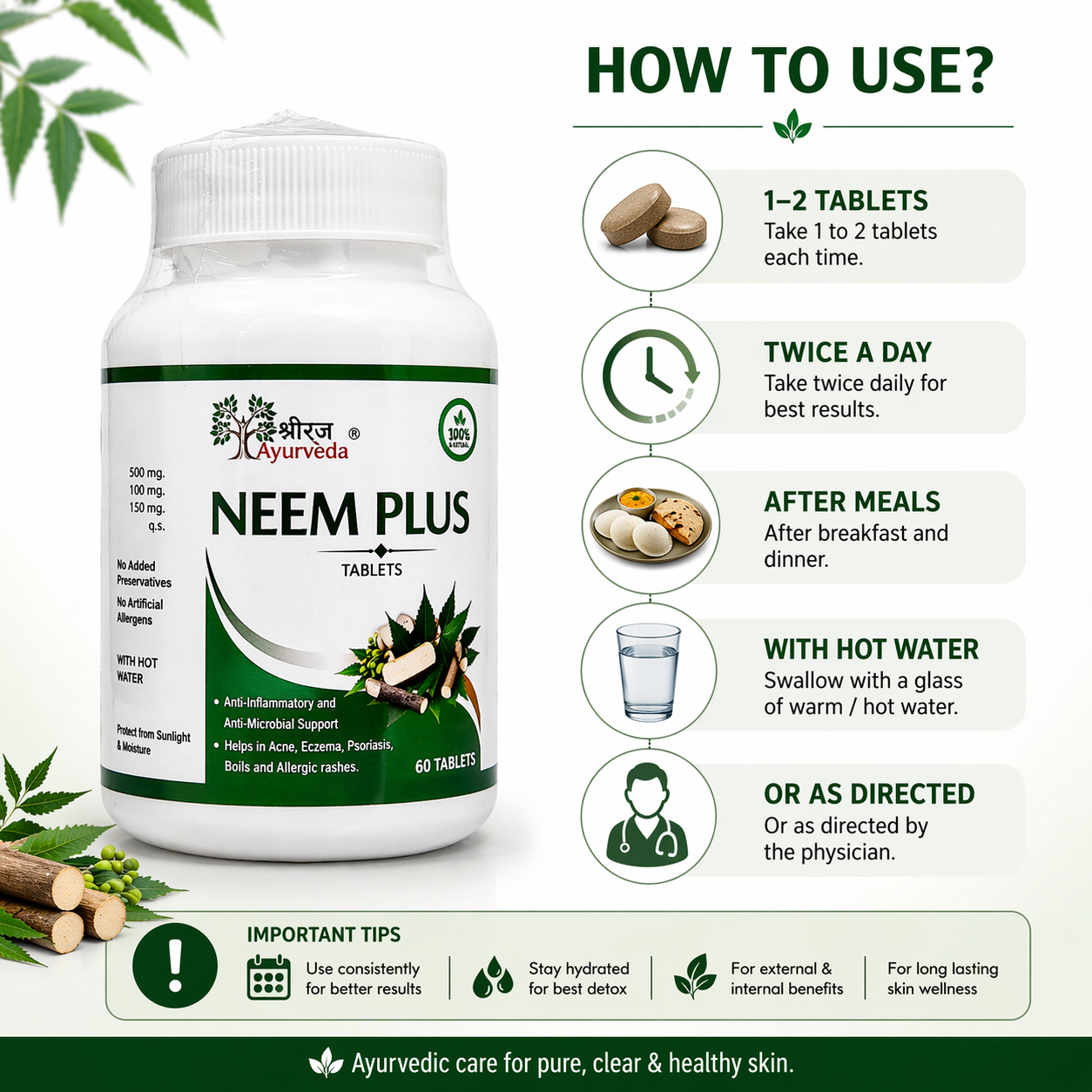 Neem Plus Tablets by Shriygay Ayurveda | Blood Purifier | For Acne, Pimples, Skin Allergies & Detox | Neem, Giloy, Kadhira | 60 Tablets